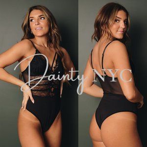 Sexy Lace Up Sheer Floral Lace Bodysuit Black
